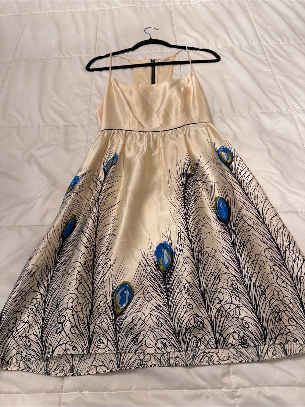 Matty M Cream A-Line Skirt with Blue & Green Peacock Motif